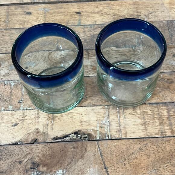 Hand-blown Tumbler Glasses Set of 2 With Cobalt Blue Rim Short - Picture 2 of 6